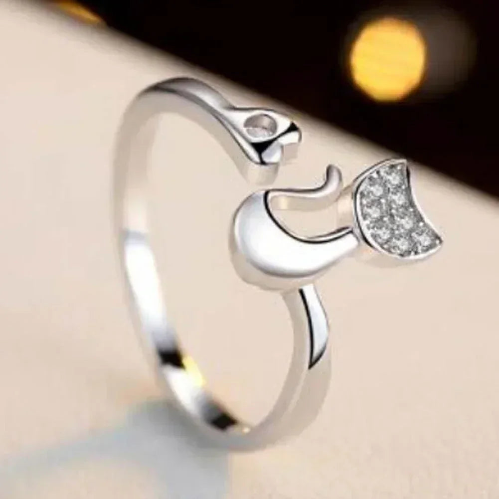 Sparkling Cat Charm Ring